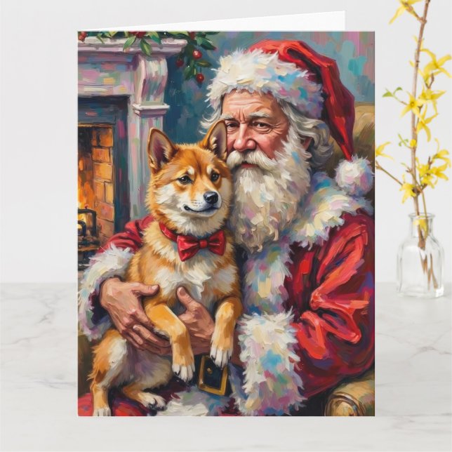 Carte Santa Claus Holding Shiba Inu Christmas Art (Fleur jaune)