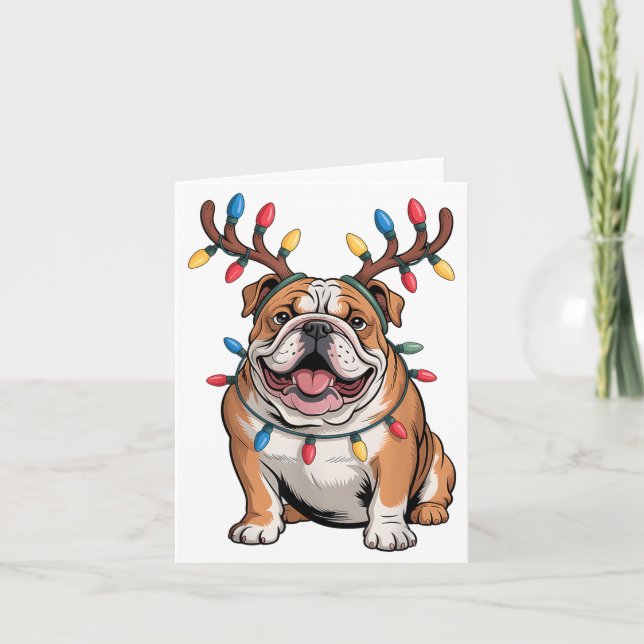 Carte Santa English Bulldog Reindeer Light Christmas  (Devant)