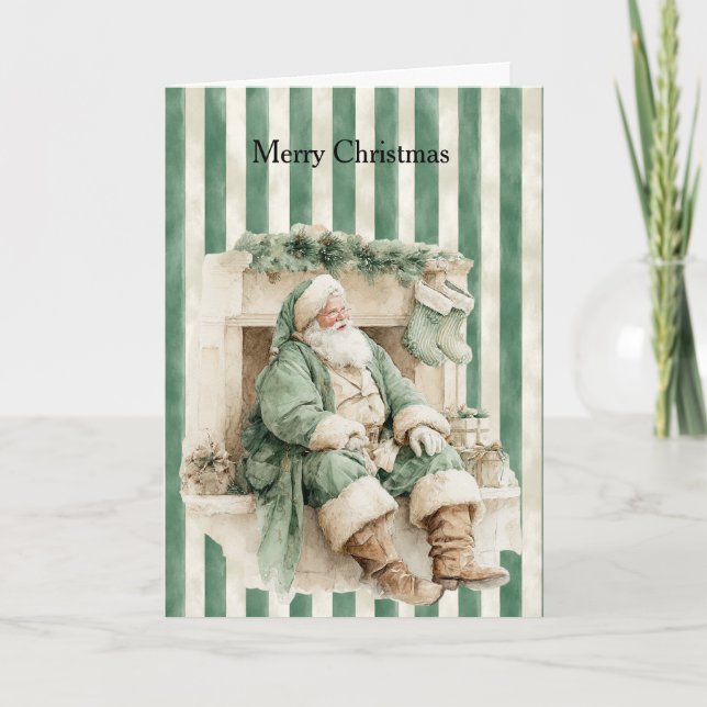 Carte Santa Fireplace Stockings Green Stripes Christmas (Devant)