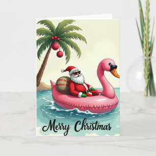 Carte Santa Flamingo Flotteur Joyeux Noël Tropical