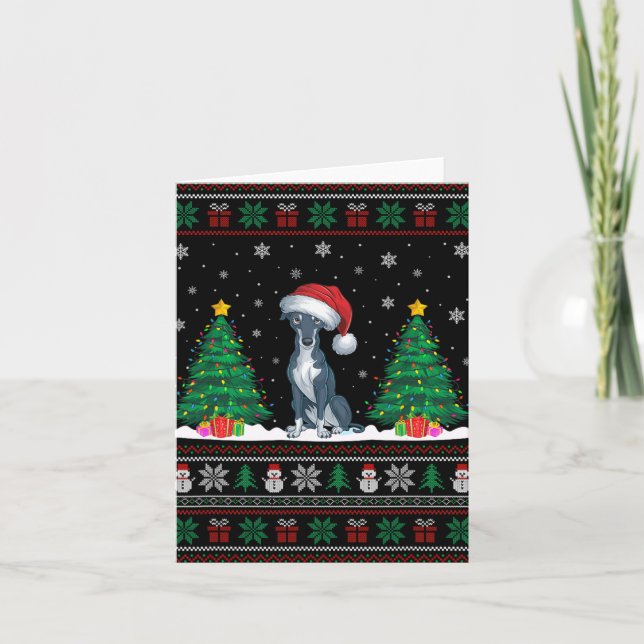 Carte Santa Hat Greyhound Chien Noël Lumières des arbres (Devant)