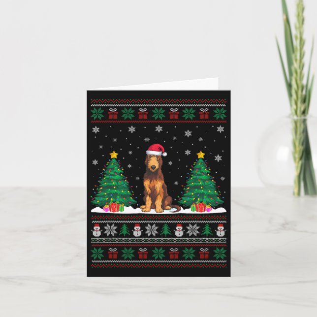 Carte Santa Hat Irish Wolfhound Chien Xmas Tree Lumières (Devant)