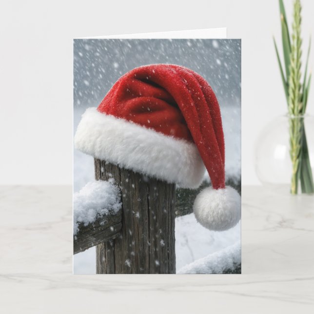 Carte Santa Hat On a Snowy Fence Post (Devant)