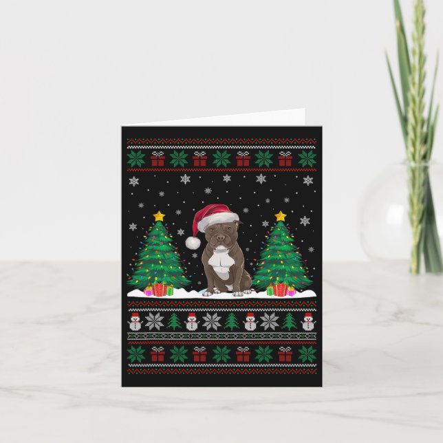 Carte Santa Hat Pitbull Chien de Noël Lumières Arbre S (Devant)