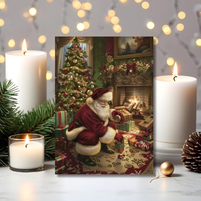 Carte Santa's Magical Christmas Delivery  (Santa delivers gifts by firelight in this nostalgic Christmas greeting card)