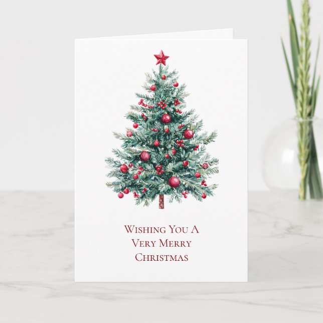 Carte Sapin de Noël aux ornements rouges et à l'étoile (Devant)