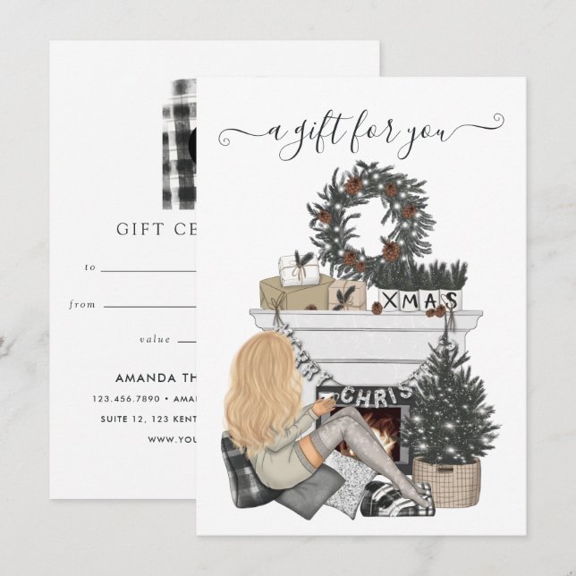 Carte Sapin de Noël Entreprise à carreaux Gingham Noir (Devant / Derrière)