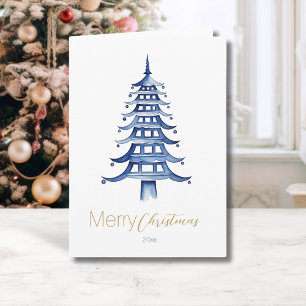Carte Sapin de Noël Pagode en Chinoiserie Bleue