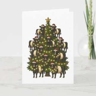 Carte Sapin de Noël vache Beltie Galloway ceinturée vint