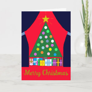 Carte Sapin de Noël vert avec tentures bleues :