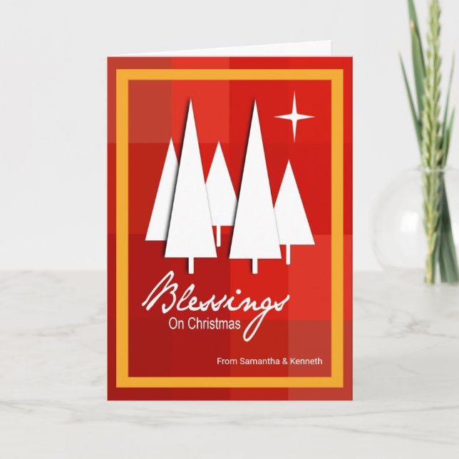 Carte Sapins de Noël sur des boîtes à carreaux rouges (Devant)