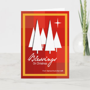 Carte Sapins de Noël sur des boîtes à carreaux rouges