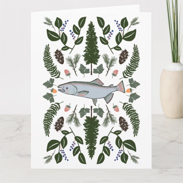 Carte Saumon PNW Nature Sapin Fougères Baies Fête de cue (Devant)