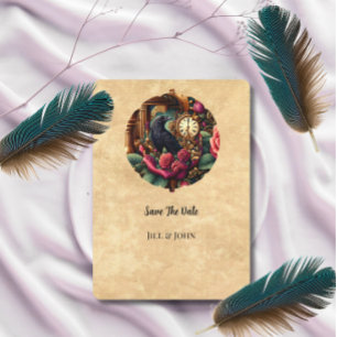 Carte Sauvegarder la Date Dark Academia Corbeau et Horlo