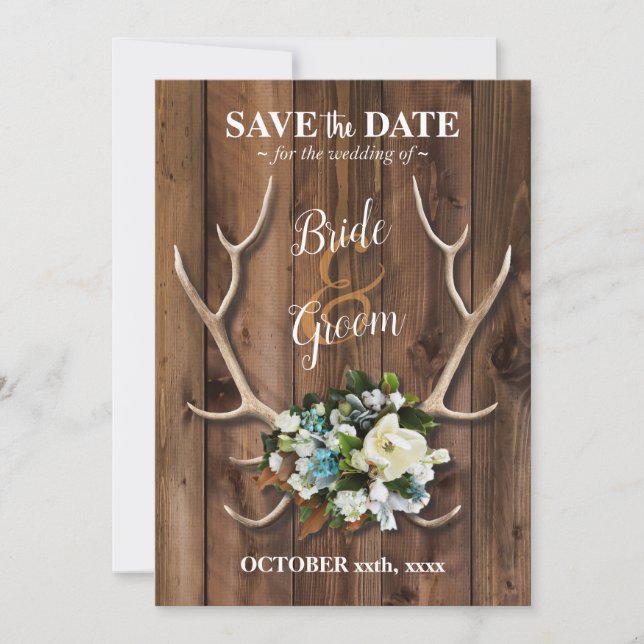Carte Sauvez la date rustique romantique antler avec/mag (Devant)