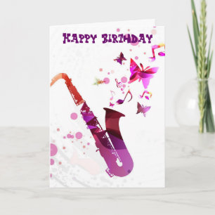 Carte Saxophone musique mignonne et papillons anniversai