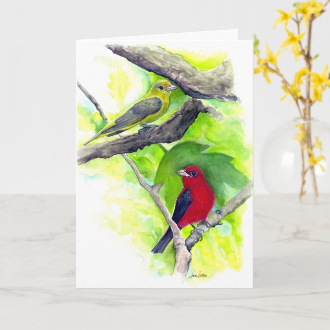 Carte Scarlet Tanagers Oiseaux Aquarelle Peinture (Fleur jaune)
