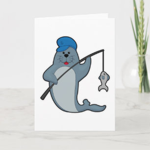 Carte Sceau à la pêche avec bâtonnet de pêche et poisson