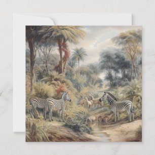 Carte Scène botanique de zèbres et lions dans une oasis
