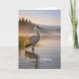 Carte Scène d'anniversaire du lac Misty avec une grue de