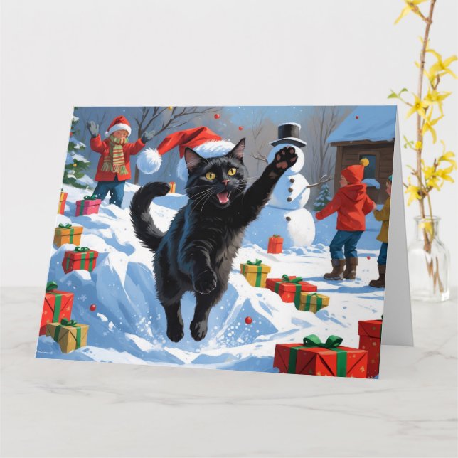 Carte Scène de fête de Noël de chat noir (Fleur jaune)
