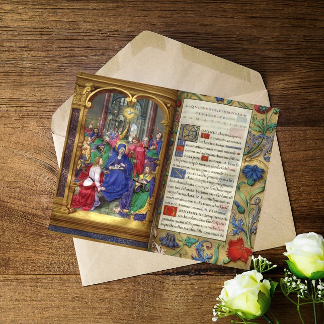 Carte Scène de Pentecôte Manuscrit de la Renaissance méd (Pentecost Scene The Descent of the Holy Spirit Medieval Renaissance Catholic Christian Manuscript)