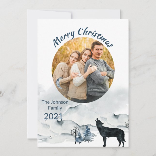 Carte Scène d'hiver avec Loup Photo de famille de Noël (Devant)