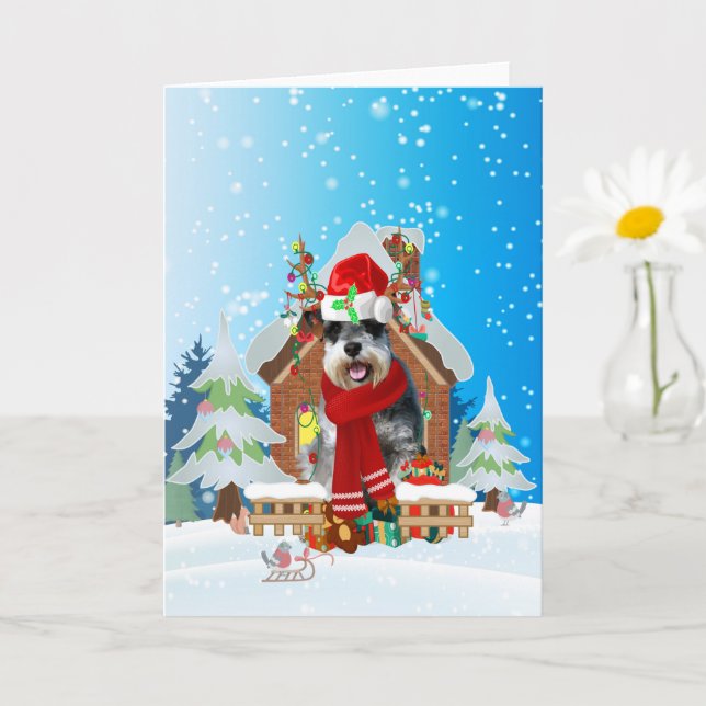Carte Schnauzer dans la neige avec cadeaux de Noël (Petite plante)