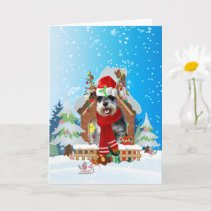 Carte Schnauzer dans la neige avec cadeaux de Noël