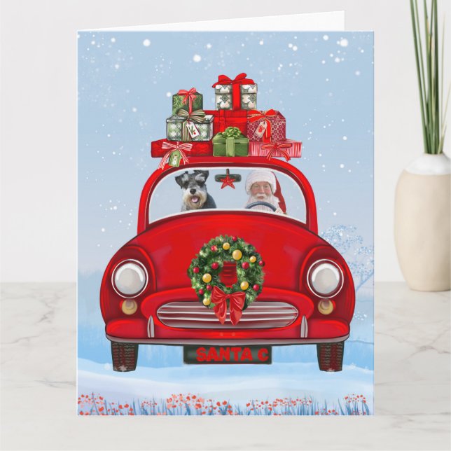 Carte Schnauzer de chien en voiture avec le Père Noël (Devant)