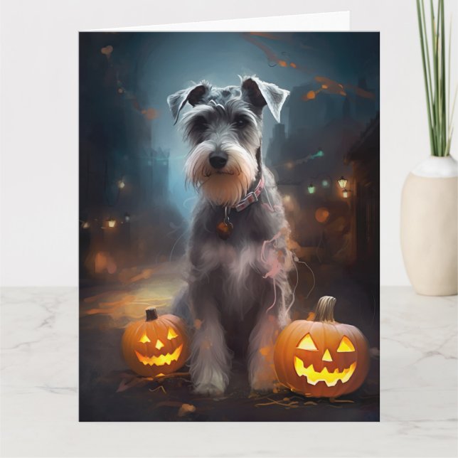 Carte Schnauzer d'Halloween avec la peur Citrouille (Devant)