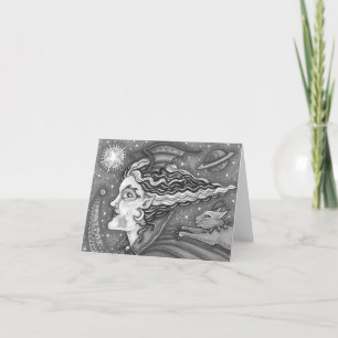CARTE SCI FI SPACE WITCH & COMET CAT HUMOUR NOIR / WHT B