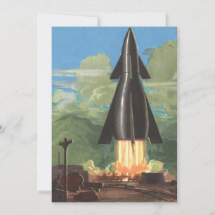Carte Science-fiction vintage, fusée décollant de la Ter