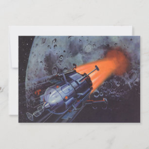 Carte Science-fiction vintage, fusée lunaire décollant