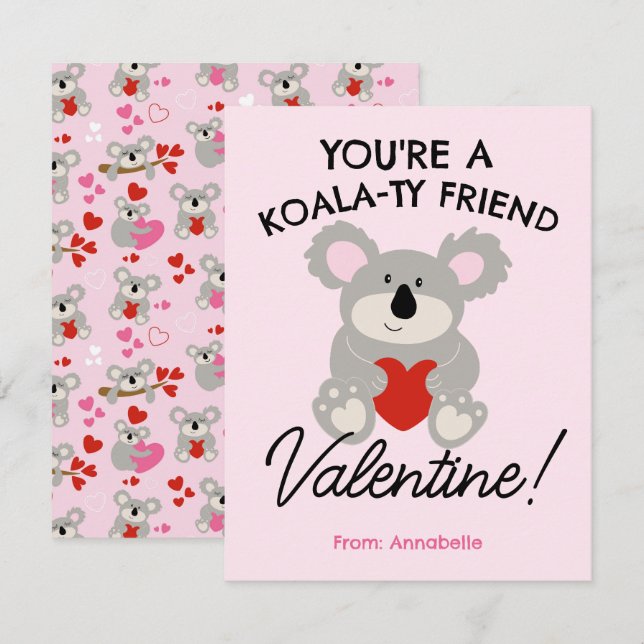 Carte scolaire Koala Bear Valentine's Day (Devant / Derrière)