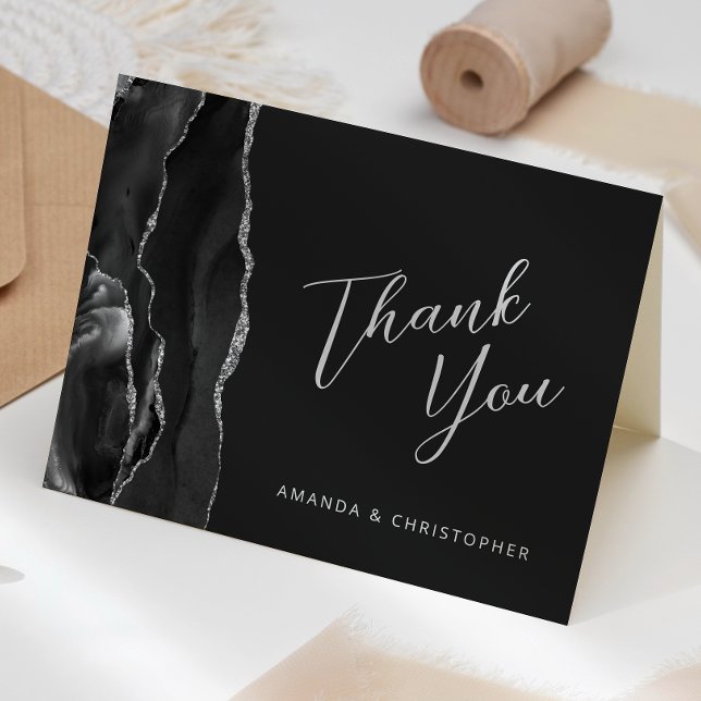 Carte Script d'agate d'argent noir Mariage foncé Merci (Créateur téléchargé)