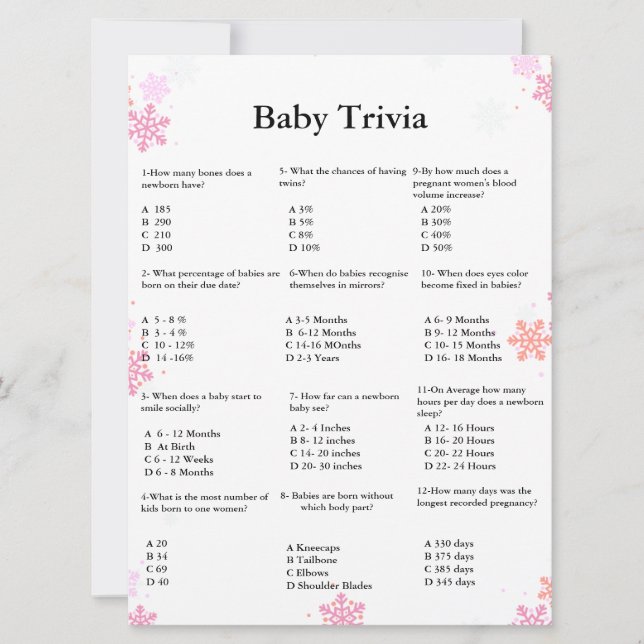 Carte Script d'hiver bébé trivia jeu baby shower jeu (Devant)