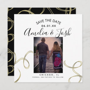 Carte Script Enregistrer la date Photo Faux Swirl noir b