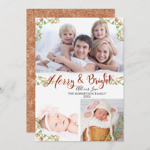 Carte Script Merry Bright Berry Foliage Rose Gold Photo