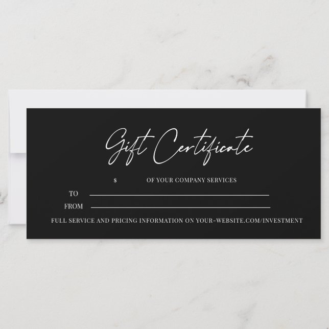 Carte Script moderne Certificat cadeau d'entreprise Noir (Dos)