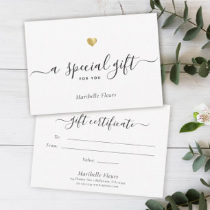 Carte Script moderne Gold Heart Certificat cadeau spécia