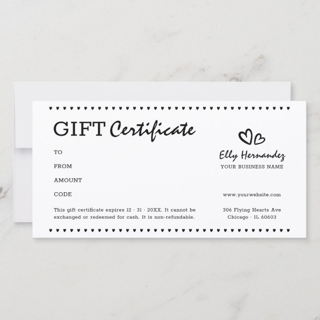 Carte Script moderne Logo Coeur Black Certificat cadeau (Devant)