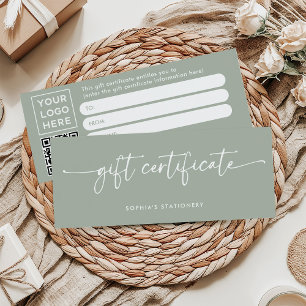 Carte Script moderne Sage Green Certificat cadeau