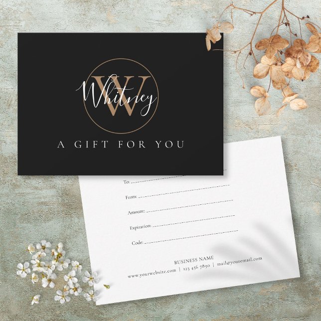 Carte Script Monogramme Black White Gold Certificat cade (Script Monogram Black White Gold Gift Certificate)