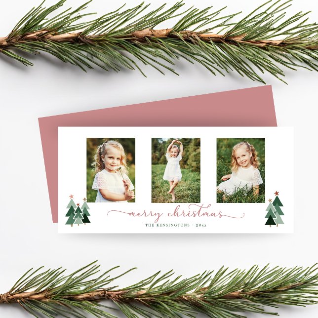 Carte Script rose Arbres de Noël Vacances 3 Photo (Pink Script Christmas Trees Holiday 3 Photo Card)