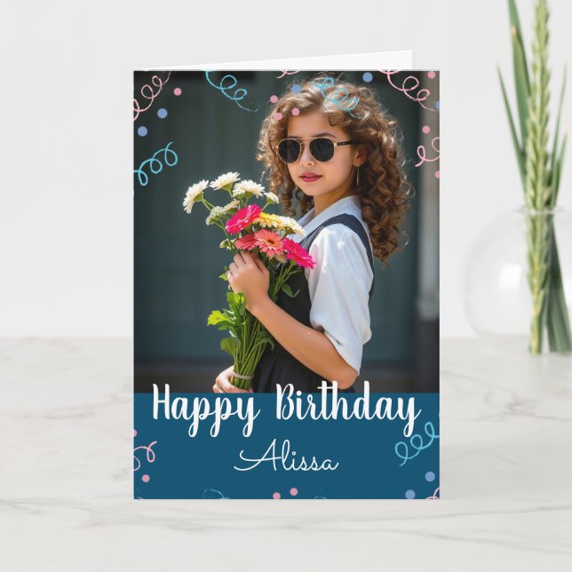 Carte Selfie Anniversaire Personnalisé Nom Confettis (Devant)