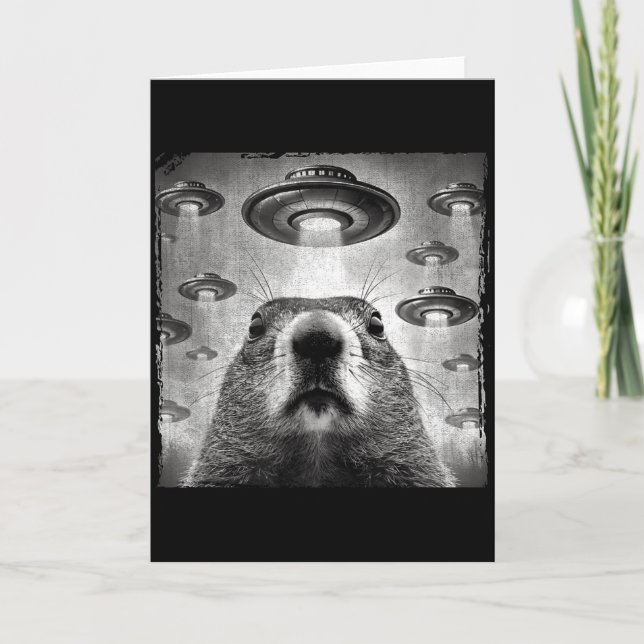 Carte Selfie de marmotte drôle avec des ovnis extraterre (Devant)