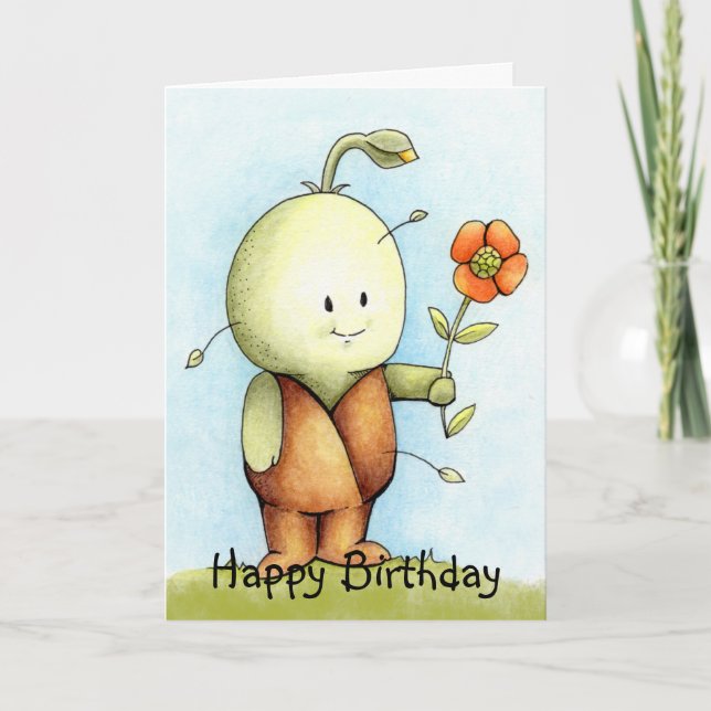 Carte Semis D'Anniversaire Tenant Une Fleur (Devant)