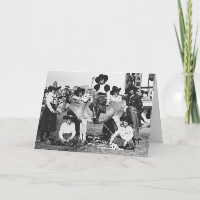 Carte Sept cow-girls rodéo posant avec un âne (Devant)