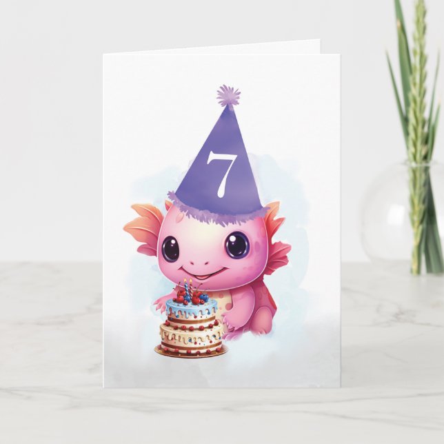 Carte Septième 7ème anniversaire mignon Axolotl rose (Devant)